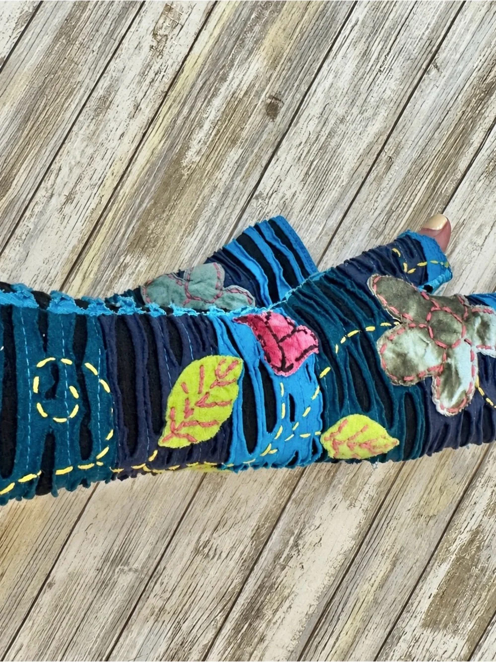 New Upcycled Patchwork Fingerless Arm Warmers – Boho Artisan Style